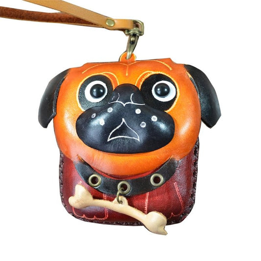 Handmade Leather Pug-with-Bone Wristlet Coin Purse - Coin Pouch, Cartoon Coin Purse, Animal Small Bag Dog Coin Purse
