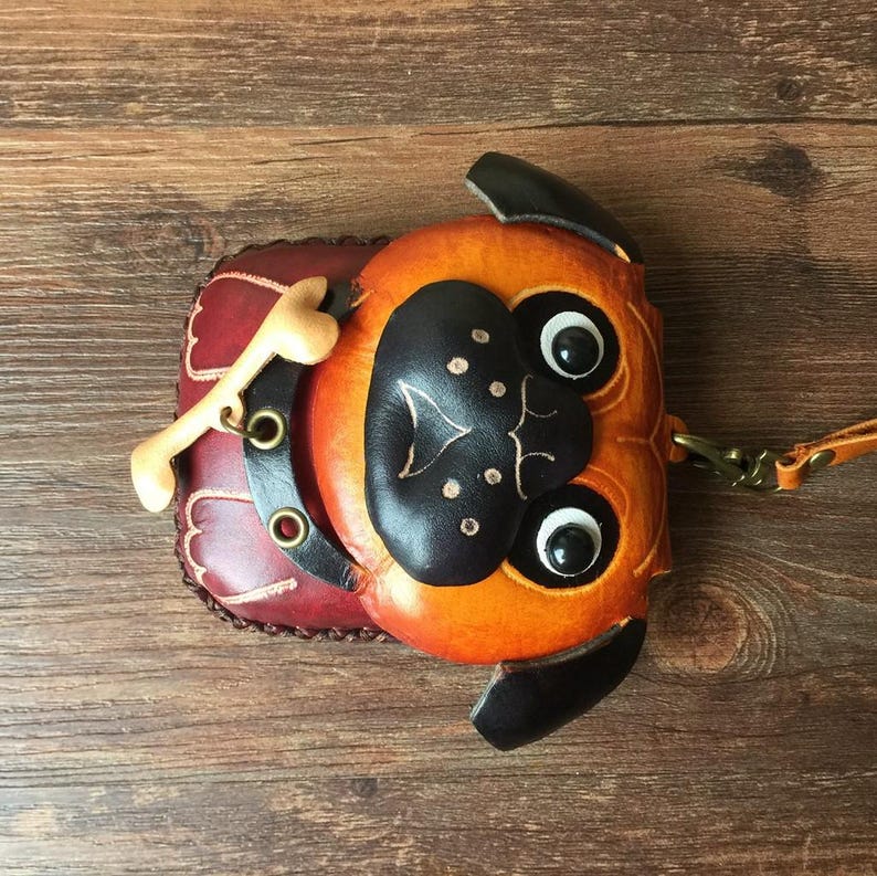 Handmade Leather Pug-with-Bone Wristlet Coin Purse - Coin Pouch, Cartoon Coin Purse, Animal Small Bag Dog Coin Purse