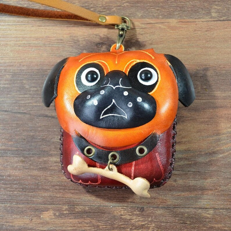 Handmade Leather Pug-with-Bone Wristlet Coin Purse - Coin Pouch, Cartoon Coin Purse, Animal Small Bag Dog Coin Purse