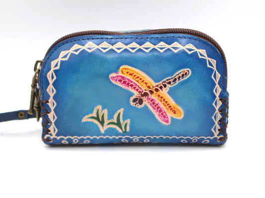 Genuine Handmade Leather Dragonfly-patterned Wristlet Coin Purse Wallet Coin Pouch Card Holder Small Change Pouch Mini Bag (Multiple Colors)