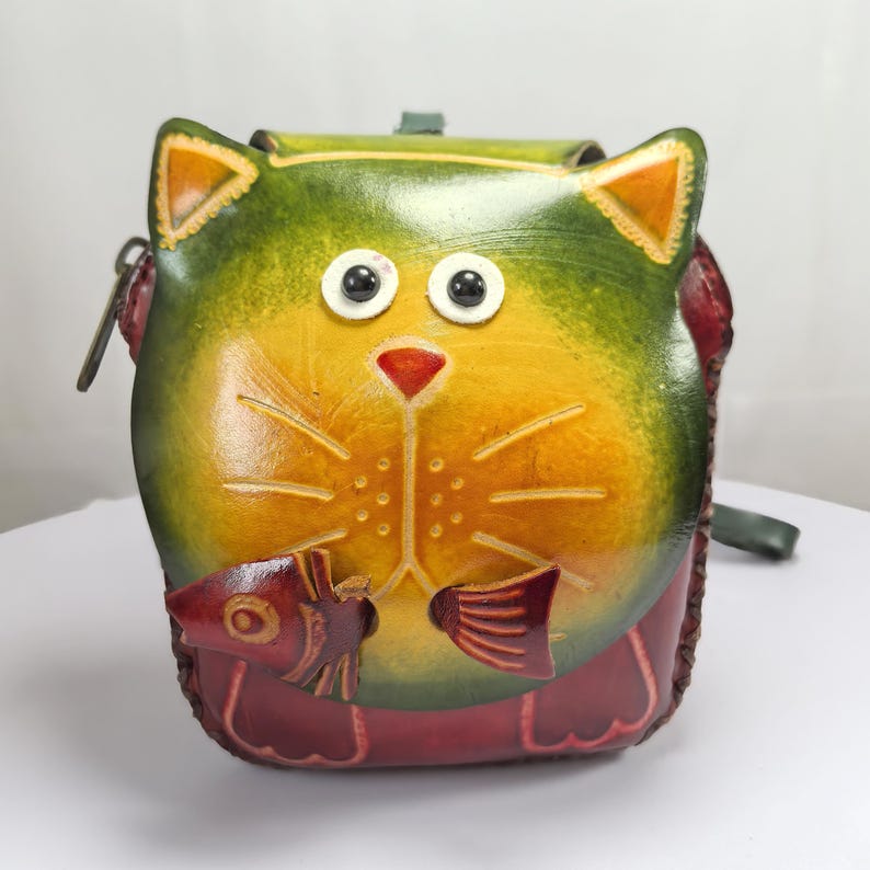 Genuine Handmade Leather Cat with Fish Wristlet / Coin Purse / Wallet /holiday gift, Christmas present, small gift, or cartoon coin purse