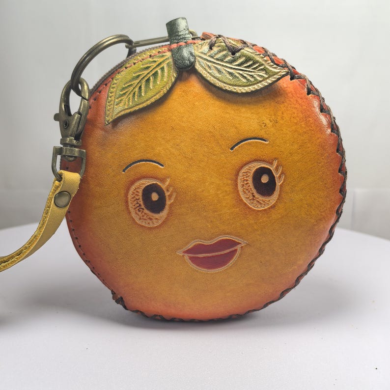Genuine Handmade Leather Orange-shaped Coin Purse, Smile Face Coin Pouch, Fruit-themed Coin Wallet