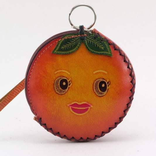 Genuine Handmade Leather Orange-shaped Coin Purse, Smile Face Coin Pouch, Fruit-themed Coin Wallet