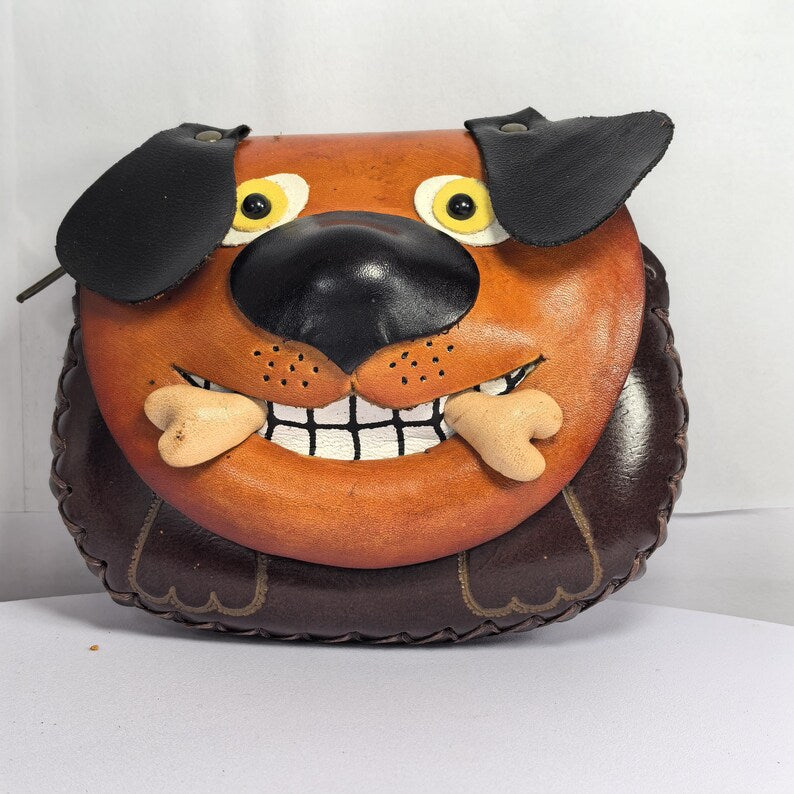 Brown Leather dog Wristlet Coin Purse / Mini Wallet, Coin Pouch, Candy Bag, Cartoon Small Card Holder, Gift Bag