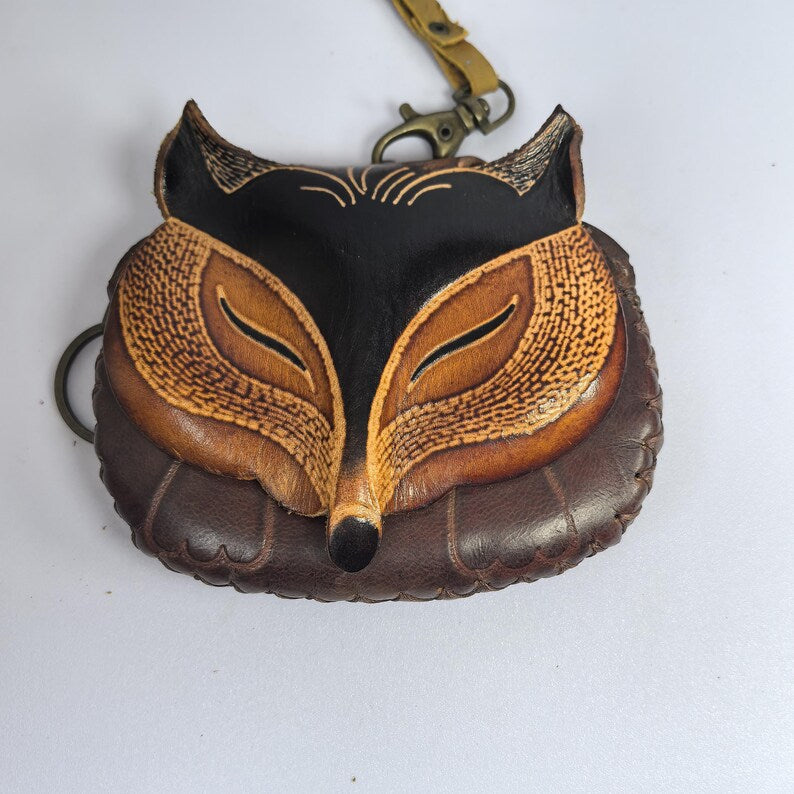 Leather fox Wristlet Coin Purse Wallet in Brown mini wallet, coin bag, candy pouch, cartoon small card bag gift bag
