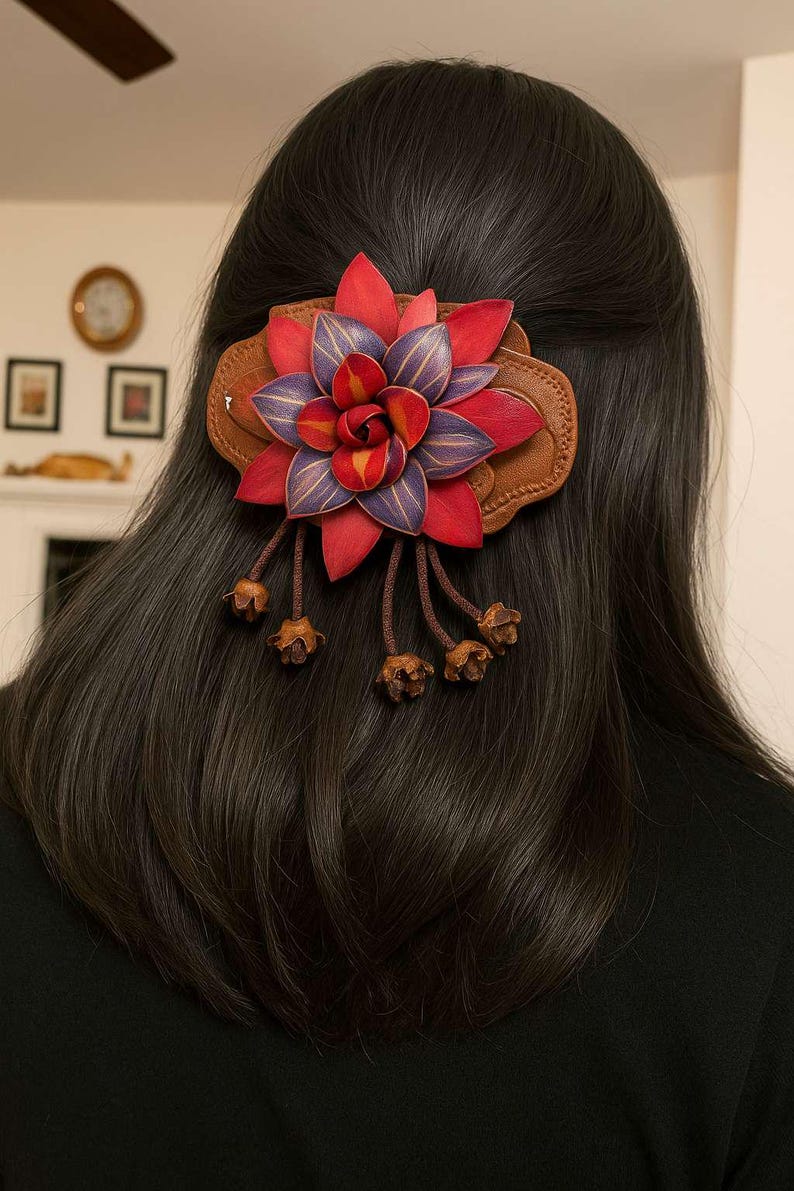 Genuine Handmade Leather Flower Barrette with Stick/Clip
