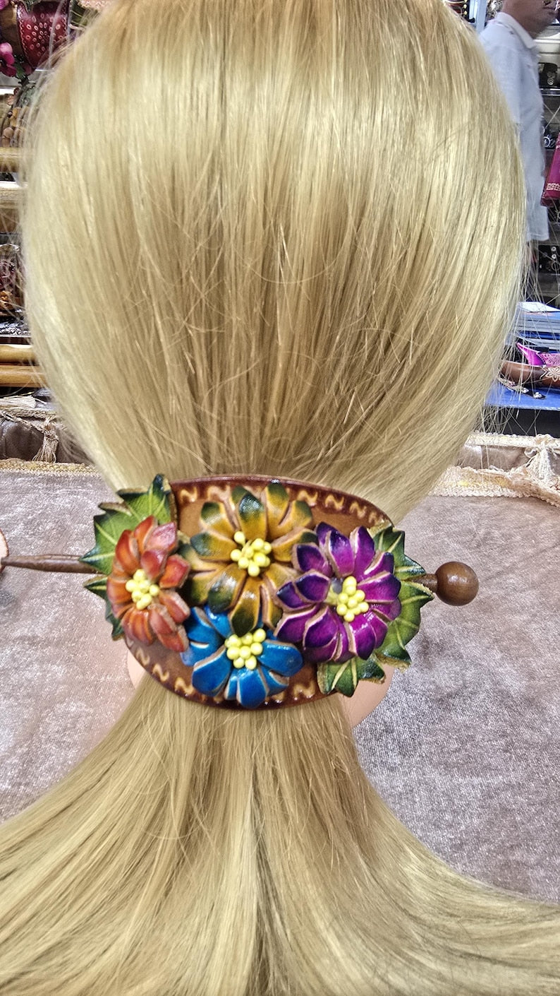 Genuine Handmade Leather Four-Flower Barrette with Stick/Clip