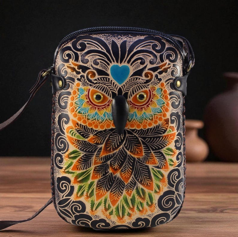 Handmade leather owl crossbody bag, shoulder bag, Cross-body Purse ,animal cartoon bag, phone bag, mini small satchel