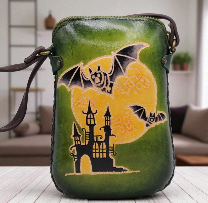 Handmade Genuine Leather Cross-body Purse / Bat Castle/ phone bag/ mini small satchel/Cross-body bag