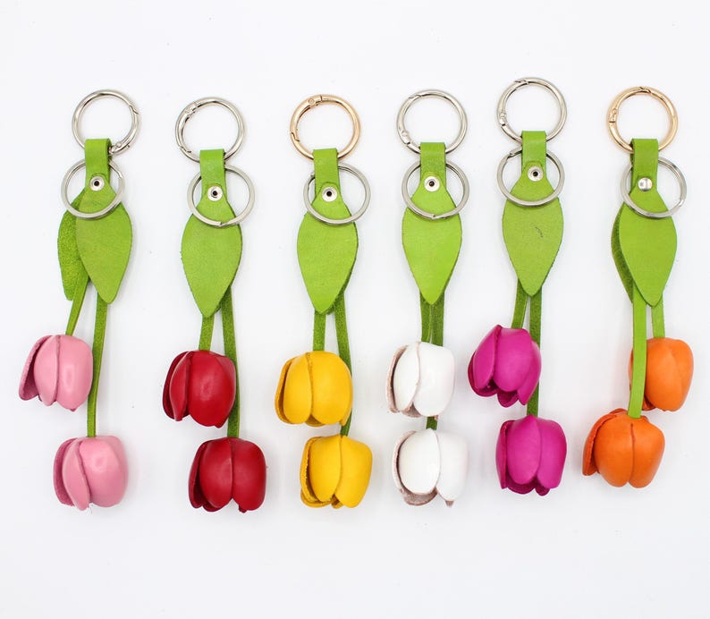 Genuine Handmade Leather Flower Keychain tulip purse charm bag charm (Multiple Colors Available) 10 colors