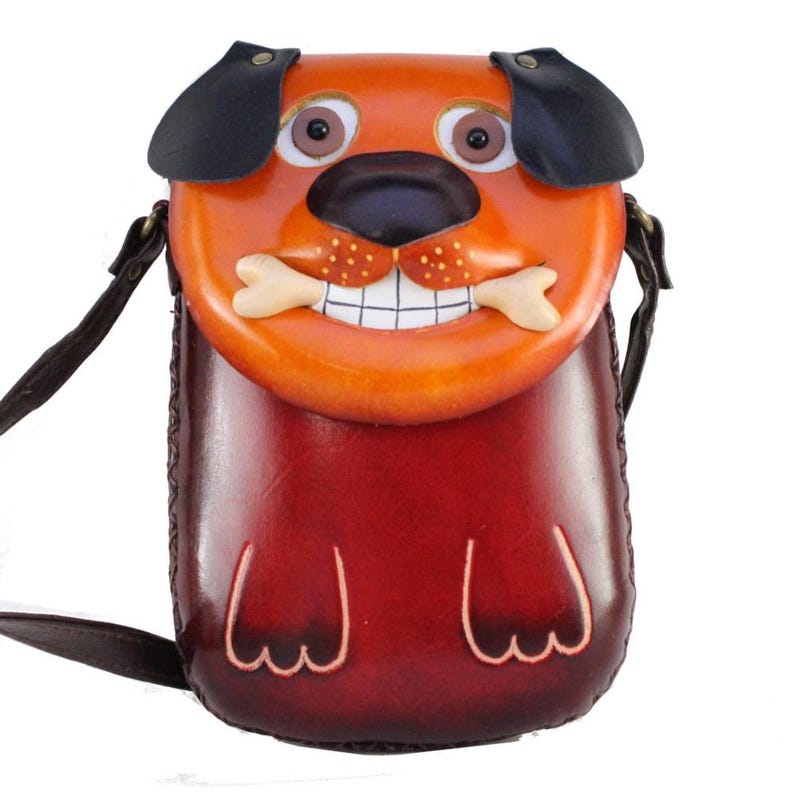 Handmade Genuine Leather dog Purse - Crossbody Bag, Phone Bag, Animal Bag, Cartoon Bag, Mini Bag