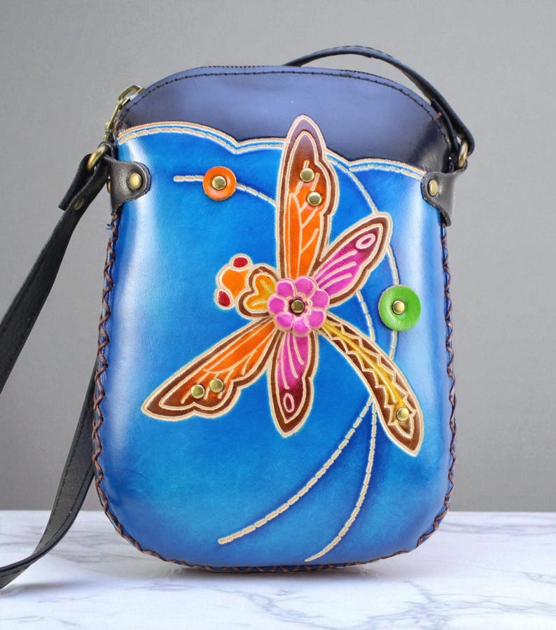 Genuine Handmade Leather Dragonfly Purse / Crossbody/ Phone Bag, Shoulder Bag, Mini Bag, Animal-themed Bag, Cartoon Bag