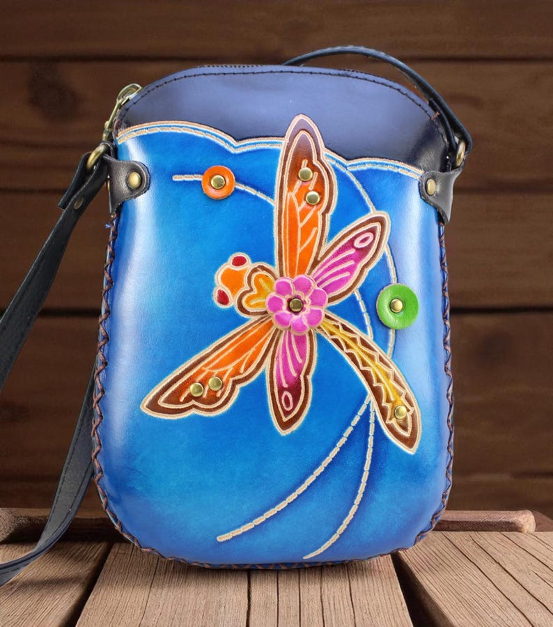 Genuine Handmade Leather Dragonfly Purse / Crossbody/ Phone Bag, Shoulder Bag, Mini Bag, Animal-themed Bag, Cartoon Bag