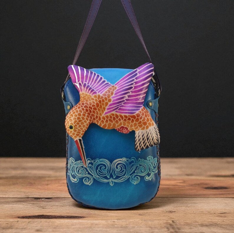 Genuine Handmade Leather Hummingbird Purse / Crossbody/ Phone Bag, Shoulder Bag, Mini Bag, Animal-themed Bag, Cartoon Bag