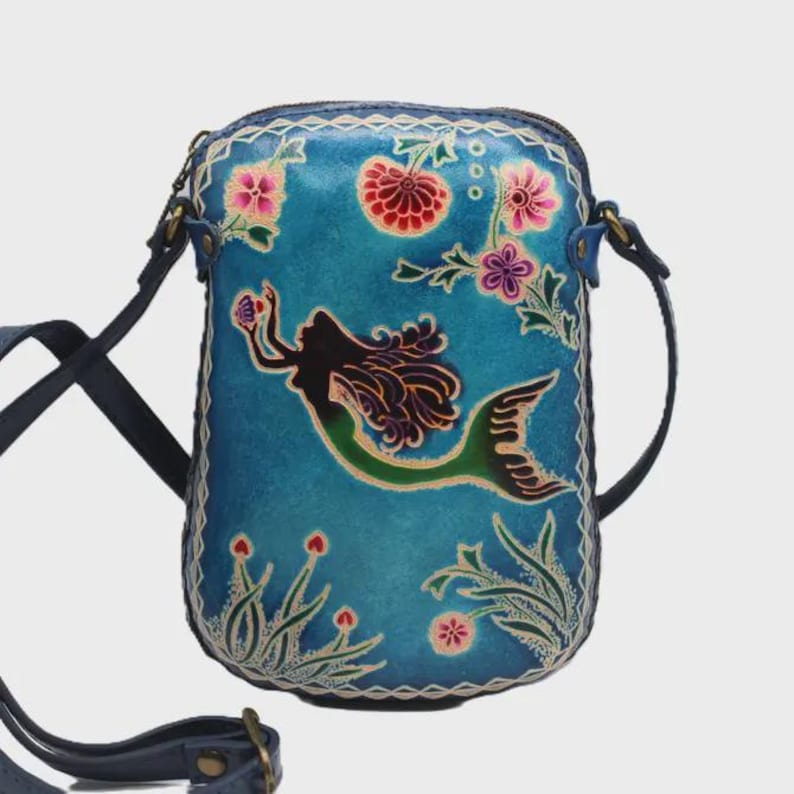 Genuine Handmade Leather Mermaid Purse / Crossbody/ Phone Bag, Shoulder Bag, Mini Bag, Animal-themed Bag, Cartoon Bag