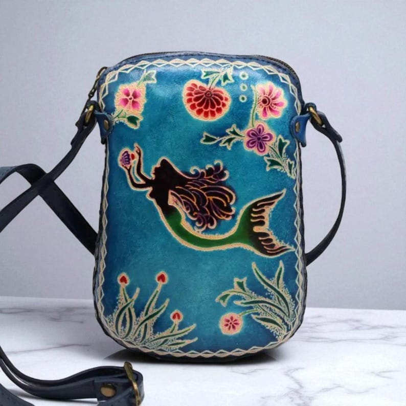 Genuine Handmade Leather Mermaid Purse / Crossbody/ Phone Bag, Shoulder Bag, Mini Bag, Animal-themed Bag, Cartoon Bag