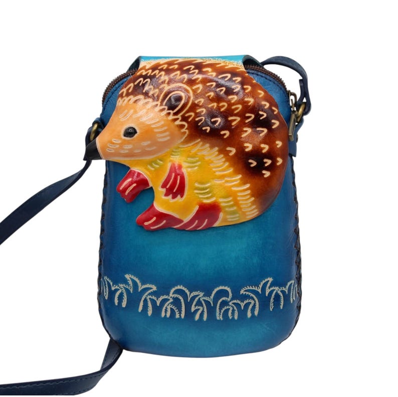 Genuine Handmade Leather Hedgehog Purse / Crossbody/ Phone Bag, Shoulder Bag, Mini Bag, Animal-themed Bag, Cartoon Bag