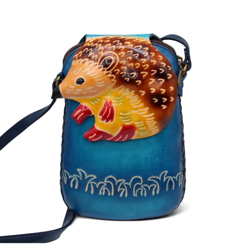 Genuine Handmade Leather Hedgehog Purse / Crossbody/ Phone Bag, Shoulder Bag, Mini Bag, Animal-themed Bag, Cartoon Bag
