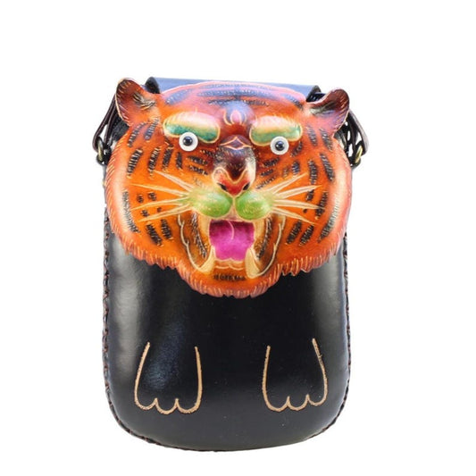 Genuine Handmade Leather Tiger Pouch Purse / Crossbody/ Phone Bag, Shoulder Bag, Mini Bag, Animal-themed Bag, Cartoon Bag