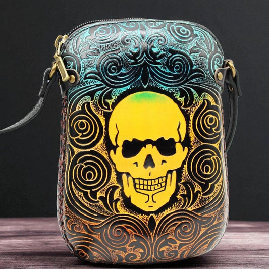 Genuine Handmade Leather Skull Pouch Purse / Crossbody/ Phone Bag, Shoulder Bag, Mini Bag, Animal-themed Bag, Cartoon Bag