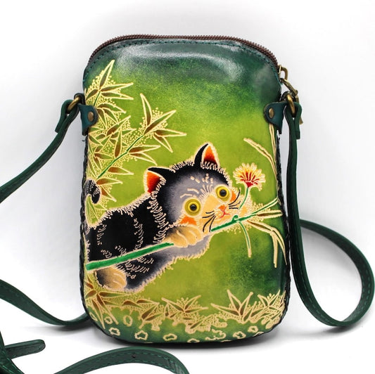 Genuine Handmade Leather Cat Purse , Crossbody, Phone Bag, Shoulder Bag, Mini Bag, Animal-themed Bag, Cartoon Bag