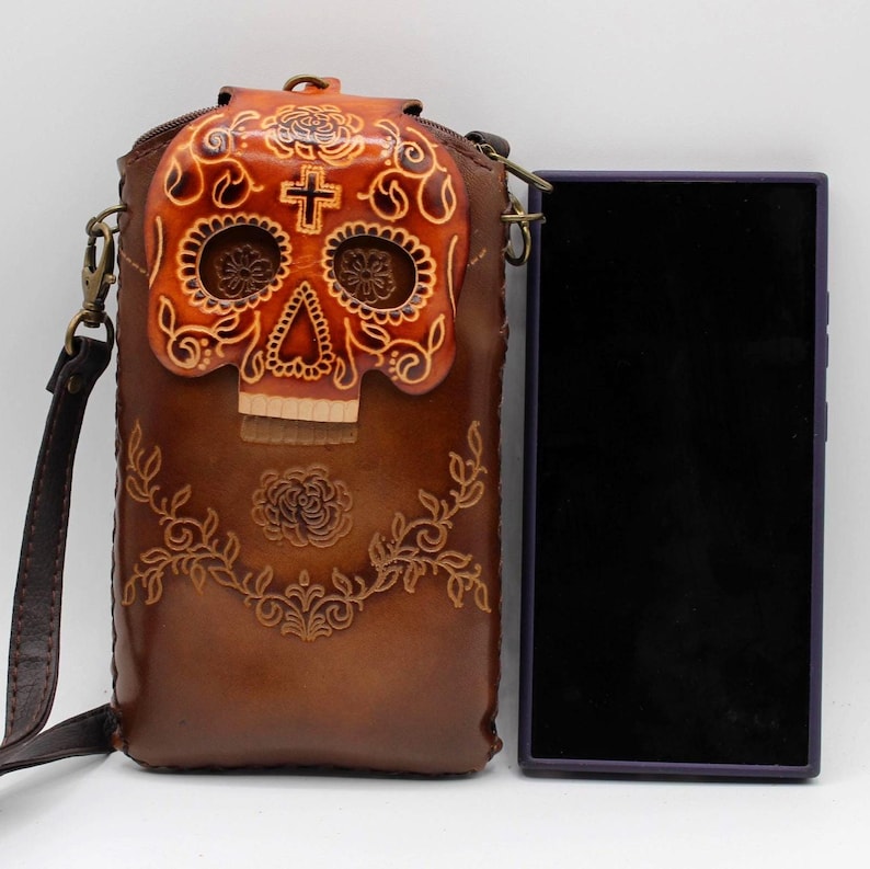 Crossbody Handmade day of dead cell phone case/ Genuine Leather Phone Case / Shoulder Phone Pouch / Mini phone Bag Halloween