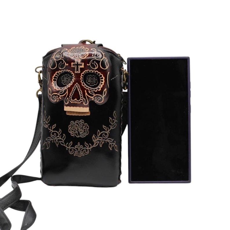 Crossbody Handmade day of dead cell phone case/ Genuine Leather Phone Case / Shoulder Phone Pouch / Mini phone Bag Halloween