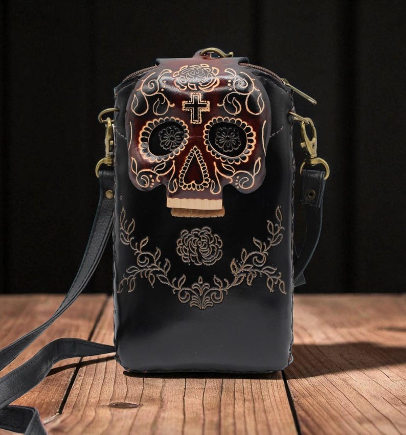 Crossbody Handmade day of dead cell phone case/ Genuine Leather Phone Case / Shoulder Phone Pouch / Mini phone Bag Halloween