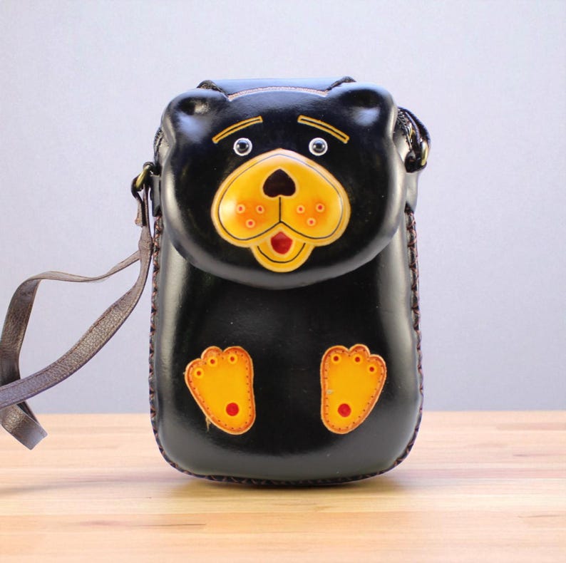 Genuine Handmade Leather Black Bear Pouch Purse / Crossbody/ Phone Bag, Shoulder Bag, Mini Bag, Animal-themed Bag, Cartoon Bag