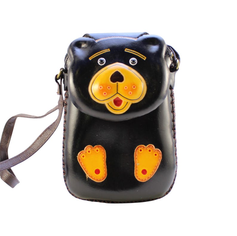 Genuine Handmade Leather Black Bear Pouch Purse / Crossbody/ Phone Bag, Shoulder Bag, Mini Bag, Animal-themed Bag, Cartoon Bag