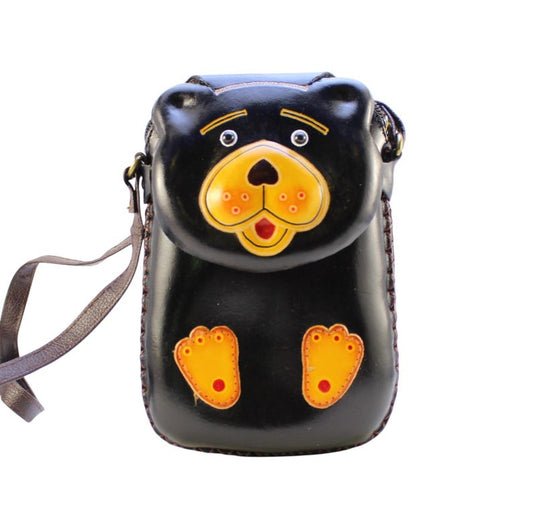 Genuine Handmade Leather Black Bear Pouch Purse / Crossbody/ Phone Bag, Shoulder Bag, Mini Bag, Animal-themed Bag, Cartoon Bag