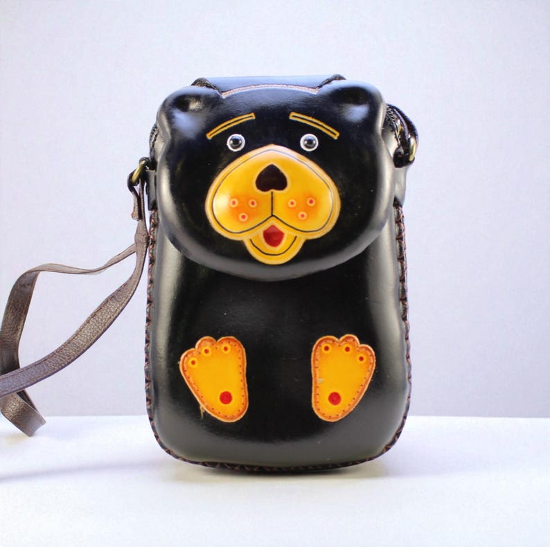Genuine Handmade Leather Black Bear Pouch Purse / Crossbody/ Phone Bag, Shoulder Bag, Mini Bag, Animal-themed Bag, Cartoon Bag