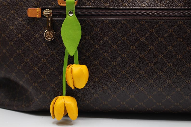 Genuine Handmade Leather Flower Keychain tulip purse charm bag charm yellow