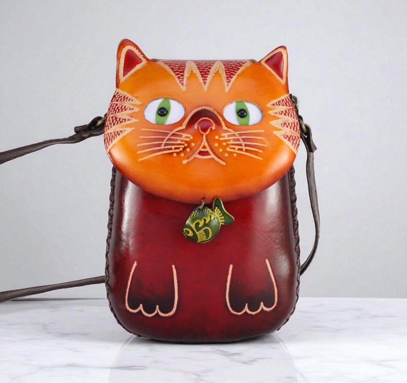 Handmade Genuine Leather Cat with Fish Purse - Crossbody Bag, Phone Bag, Animal Bag, Cartoon Bag, Mini Bag
