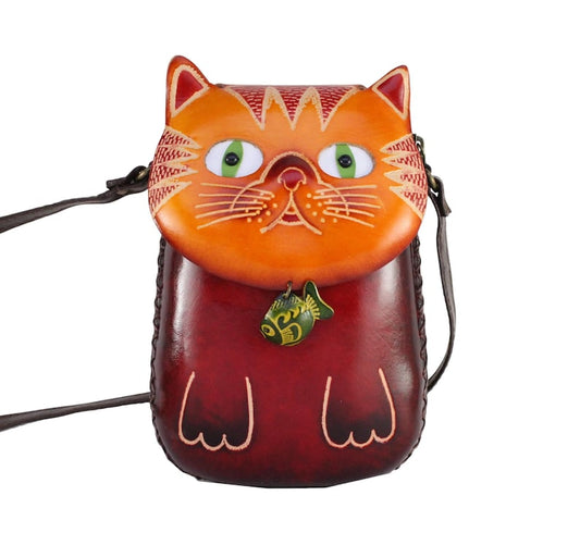 Handmade Genuine Leather Cat with Fish Purse - Crossbody Bag, Phone Bag, Animal Bag, Cartoon Bag, Mini Bag