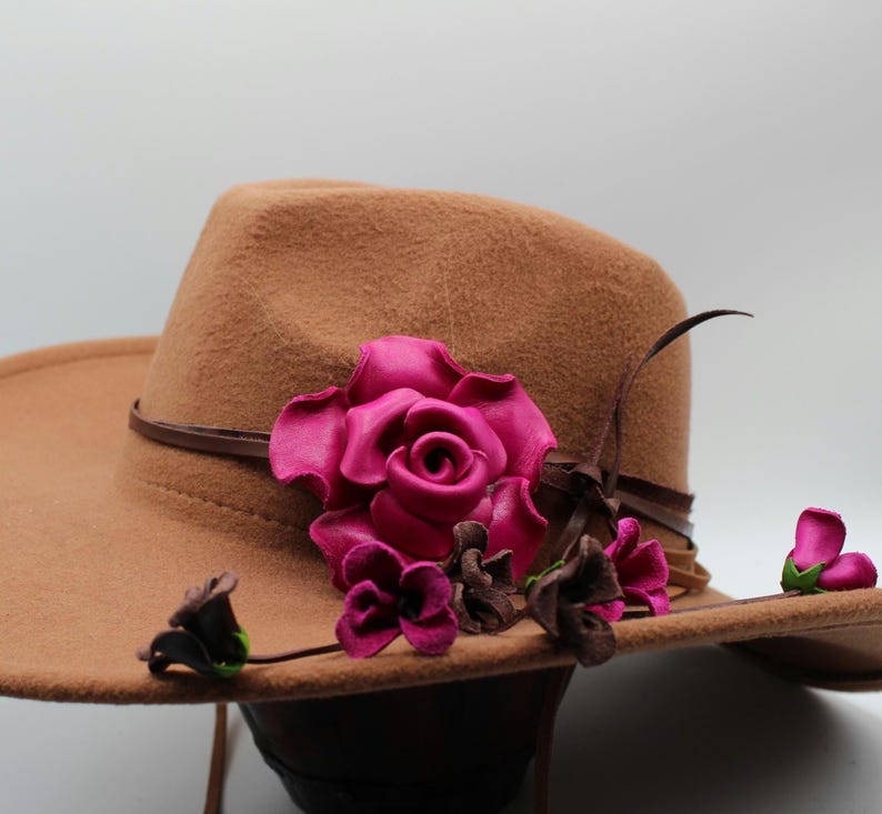 Genuine Handmade Leather Flower Hatband - Pink Rose, Jewelry, Clothing Accessories,Leather flower fringe purse charm