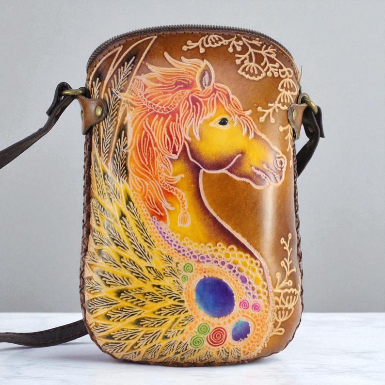 Genuine Handmade Leather Pegasus Crossbody Pouch phone bag Mini Sling Bag