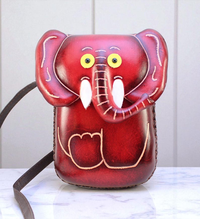 Handmade Genuine Leather Elephant Purse - Crossbody Bag, Phone Bag, Animal Bag, Cartoon Bag, Mini Bag