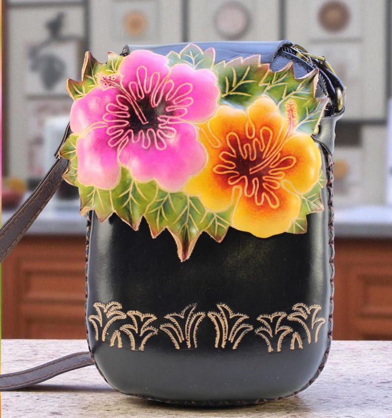 Genuine Handmade Leather Flower Purse / Crossbody /phone bag /phone purse / leather accessory