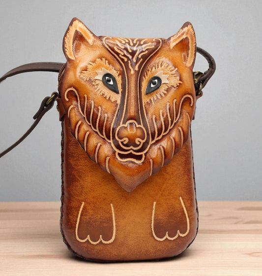 Genuine Handmade Leather Wolf Purse High-Quality Leather phone purse /Crossbody Bag with Adjustable Strap for Daily Use & Animal Lovers
