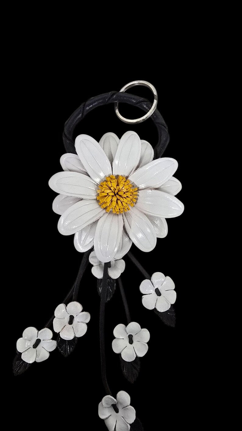 Handmade Genuine Leather Sunflower Keychain, Purse Charm, Leather Flower, Handbag Charm, Car Accessory White