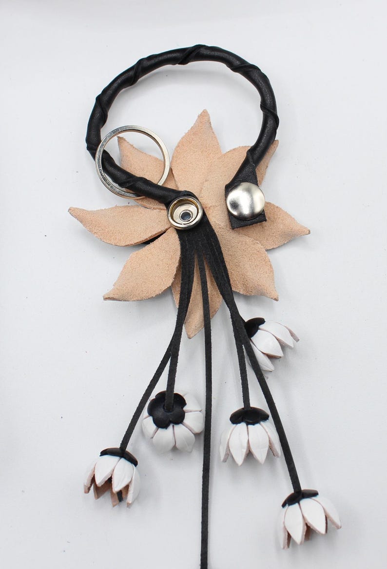 Genuine Handmade Leather Rose Flower Key Chain bag charm purse charm black Rose