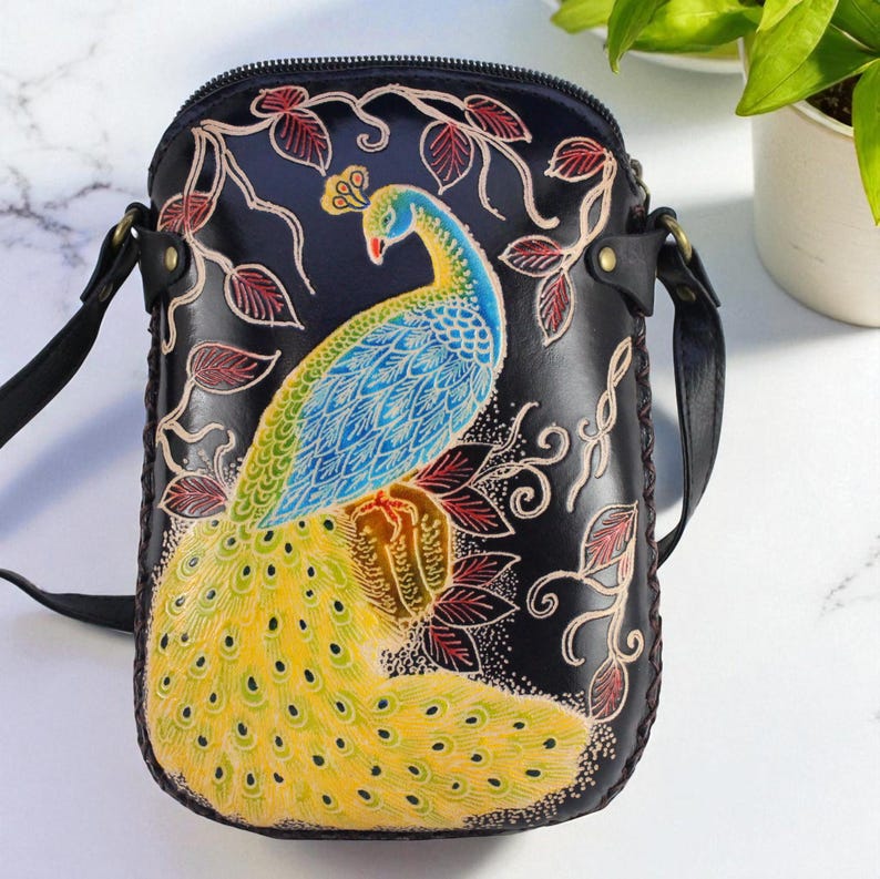 Genuine Handmade Leather Peacock Purse , Crossbody, Phone Bag, Shoulder Bag, Mini Bag, Animal-themed Bag, Cartoon Bag