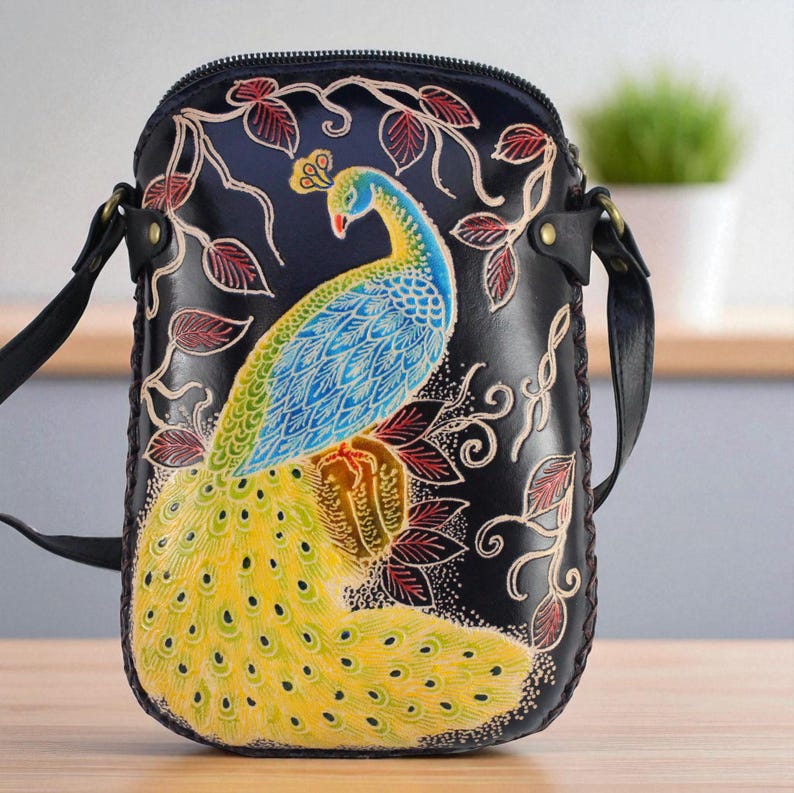 Genuine Handmade Leather Peacock Purse , Crossbody, Phone Bag, Shoulder Bag, Mini Bag, Animal-themed Bag, Cartoon Bag