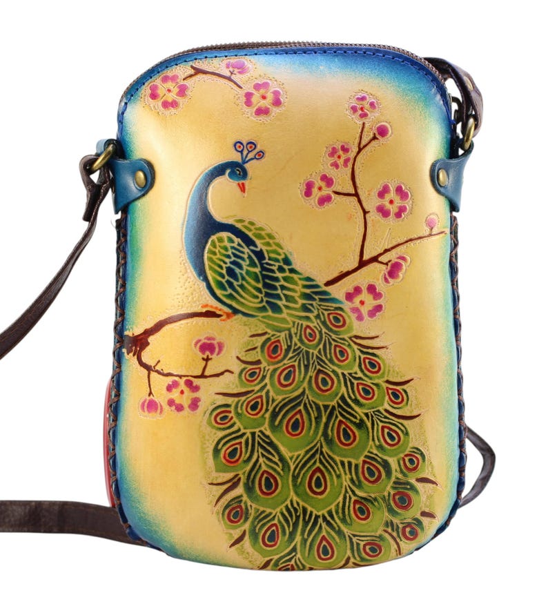 Genuine Handmade Leather Peacock Purse , Crossbody, Phone Bag, Shoulder Bag, Mini Bag, Animal-themed Bag, Cartoon Bag