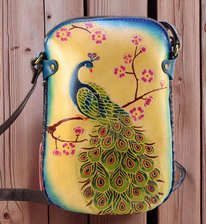 Genuine Handmade Leather Peacock Purse , Crossbody, Phone Bag, Shoulder Bag, Mini Bag, Animal-themed Bag, Cartoon Bag