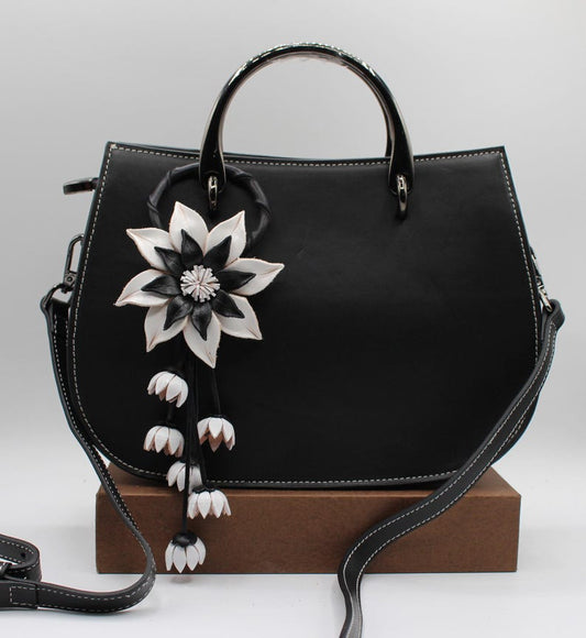 Genuine Handmade Leather Flower Keychain daisy purse charm bag charm (Black and White)