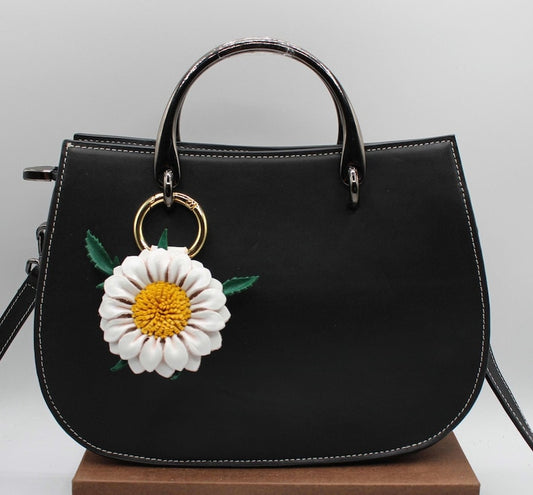 Genuine Handmade Leather Flower Keychain sunflower purse charm bag charm (White, Yellow)