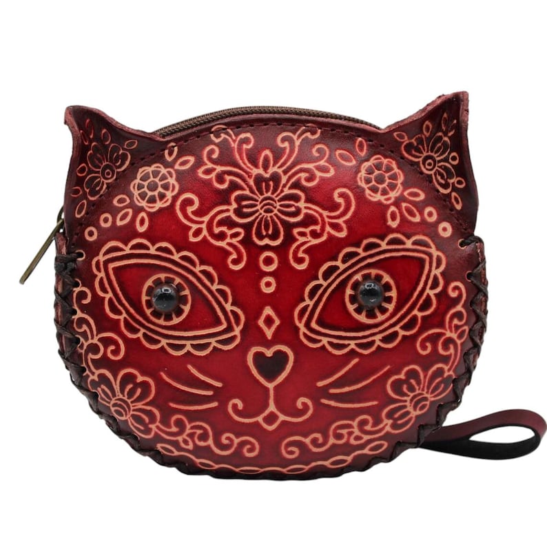 Genuine Handmade Leather Sugar Skull Cat Coin Purse , Coin Bag, Small Wallet, Cartoon Bag, Holiday Gift