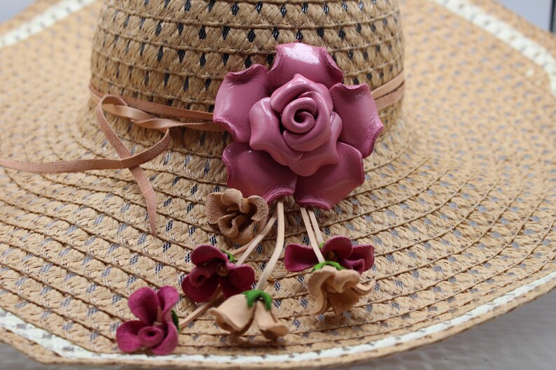 Genuine Handmade Leather Flower Hatband - Poppy Pink Rose, Jewelry, Clothing Accessories,Leather flower fringe purse charm
